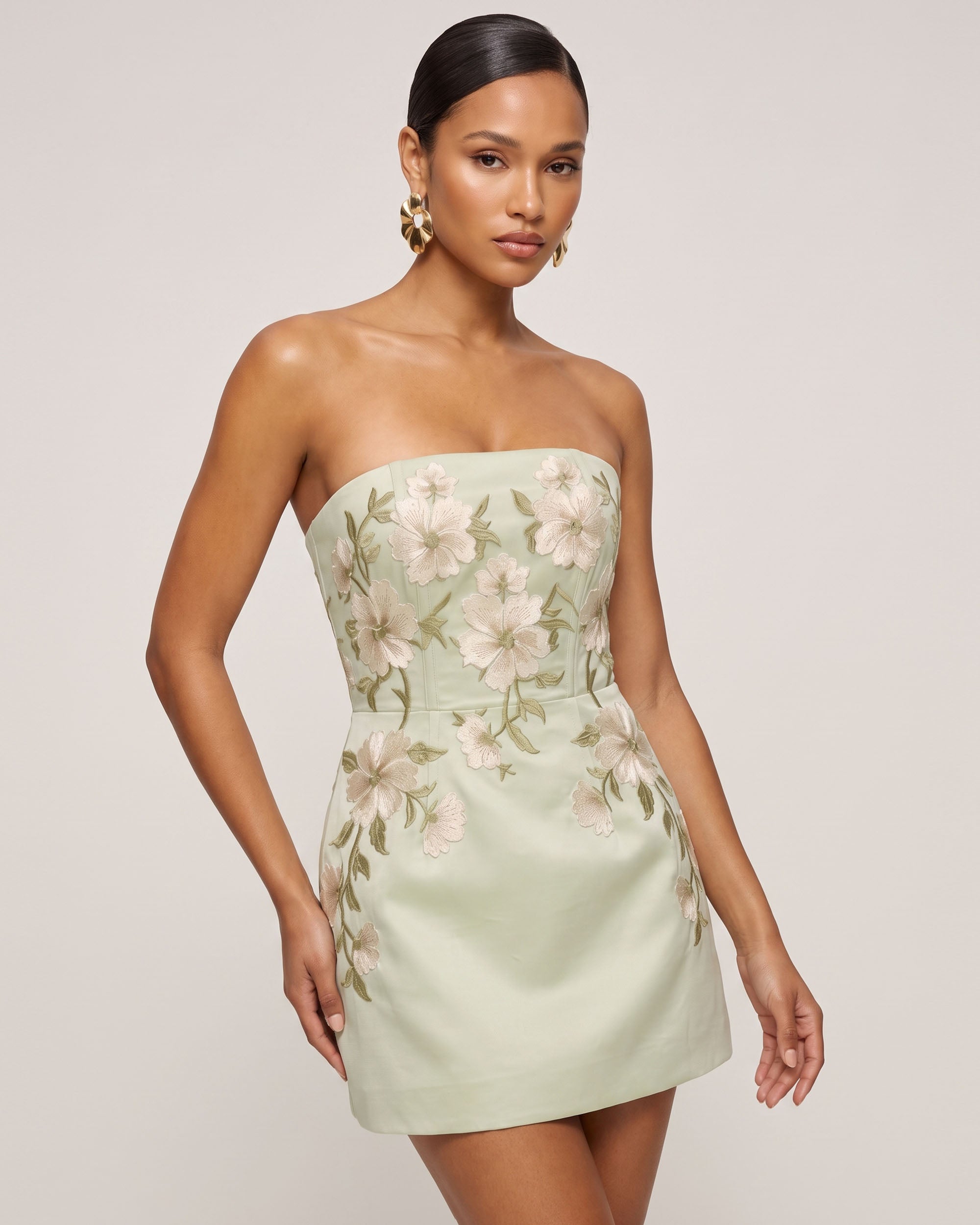 Floral Embroidered Strapless Corset Mini Dress - Light Yellowish Green