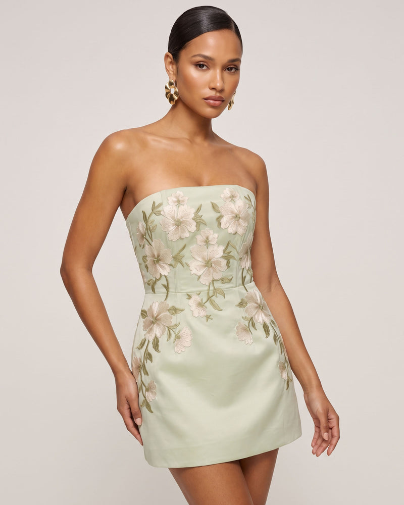Floral Embroidered Strapless Corset Mini Dress - Light Yellowish Green
