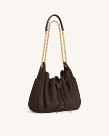 Rowan Faux Suede Quilted Chain Bucket Bag - Dark Brown