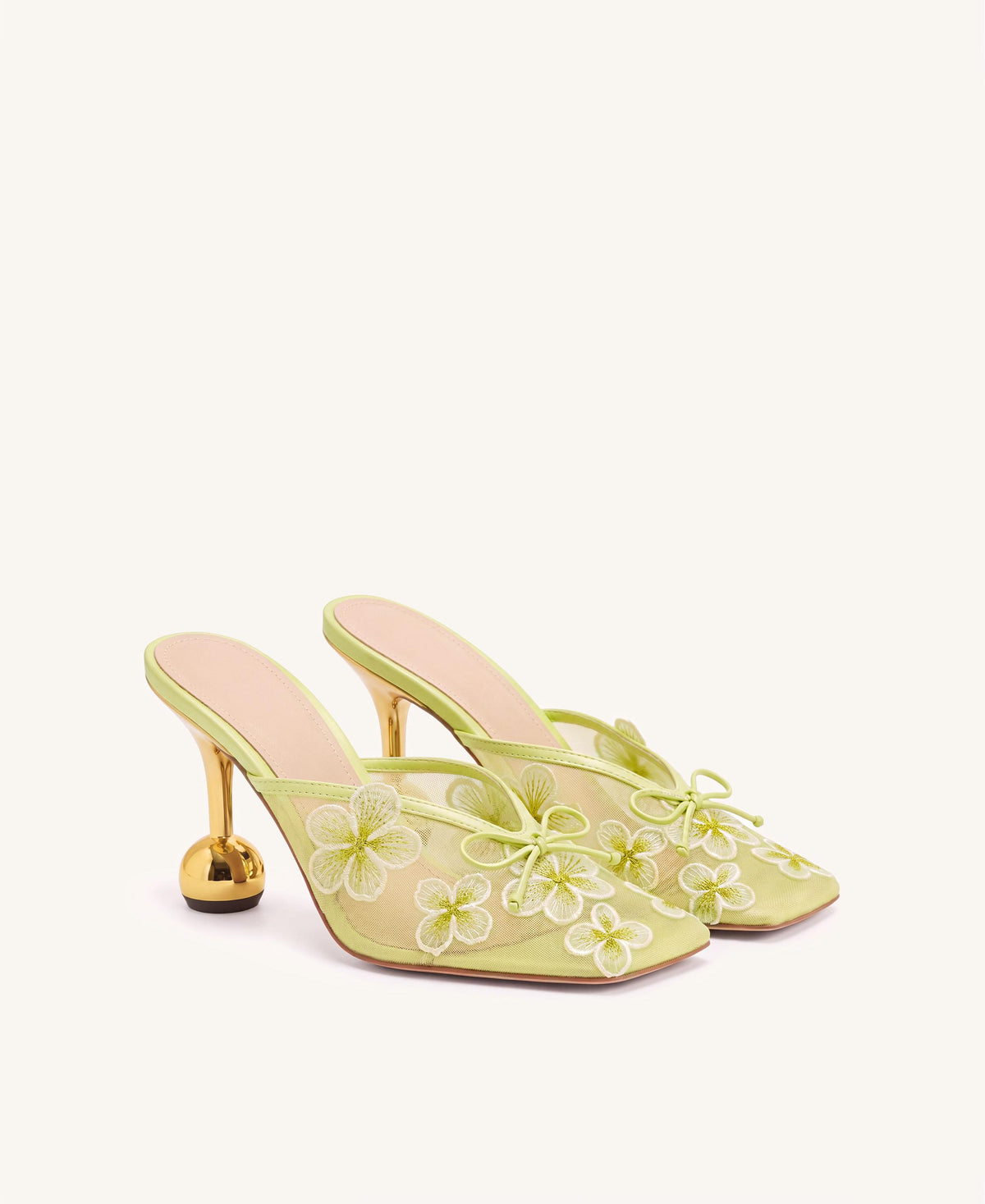 Mireille Floral Embroidered Bow Mesh Mules - Chartreuse