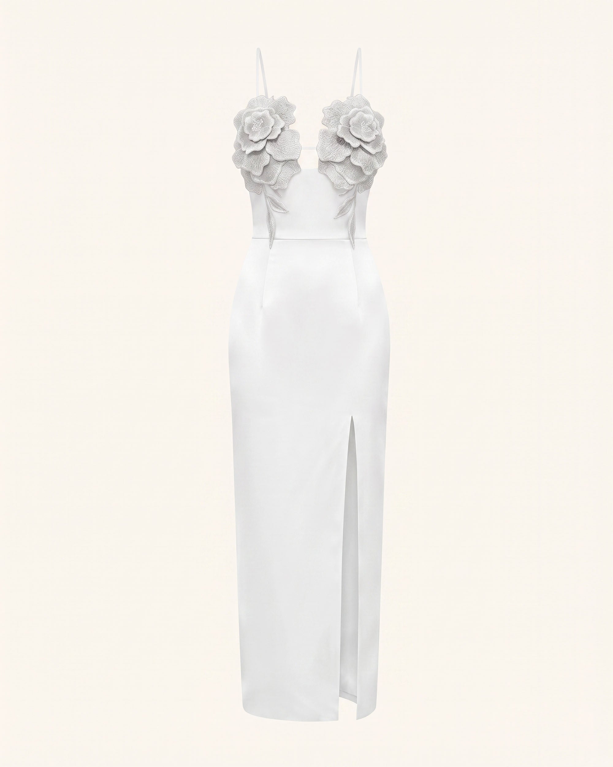 3D Floral Slit Maxi Dress - White