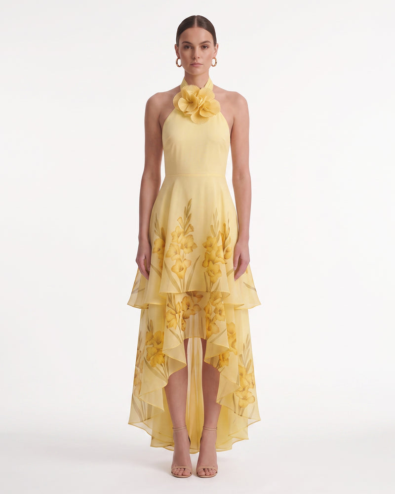 Gladiolus 3D Floral Appliqué Halter Maxi Dress - Butter Yellow