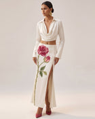 Rose Embroidered High-Split Maxi Skirt - Pure White