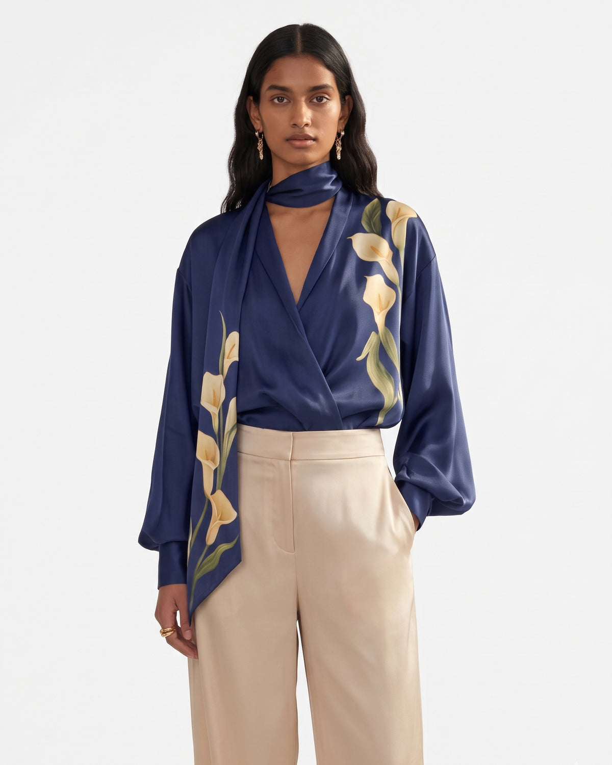 Calla Lily Printed Tie-Neck Satin Blouse - Navy Blue