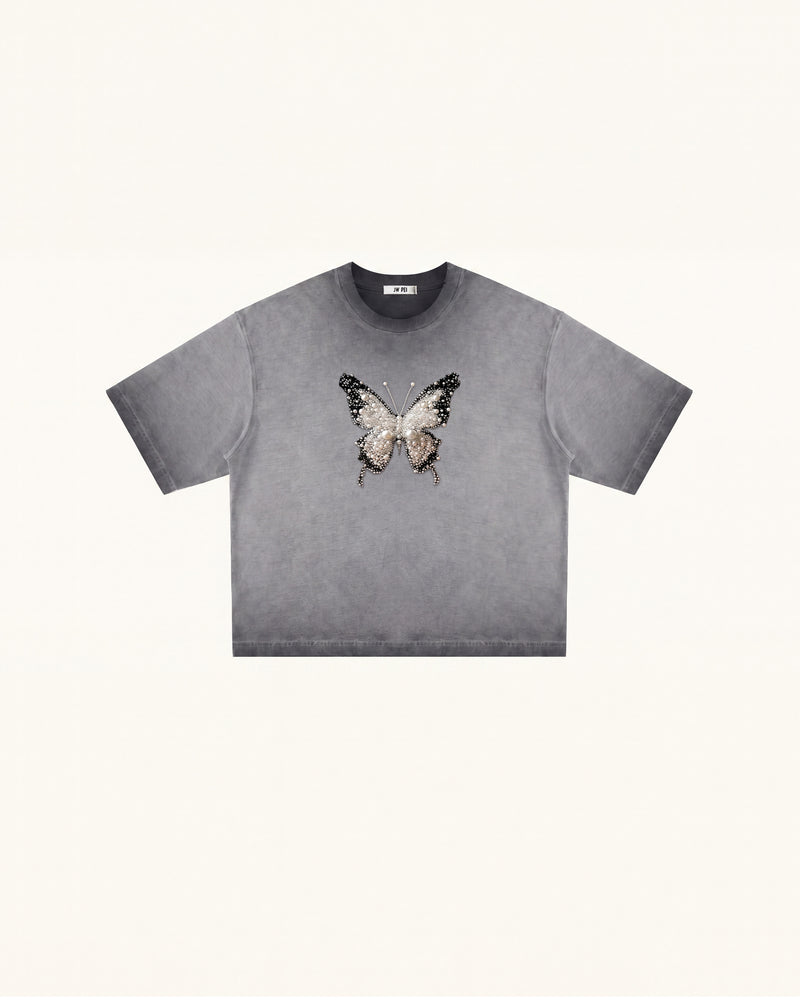 The Radiant 3D Pearl Butterfly  Tee - Acid Charcoal