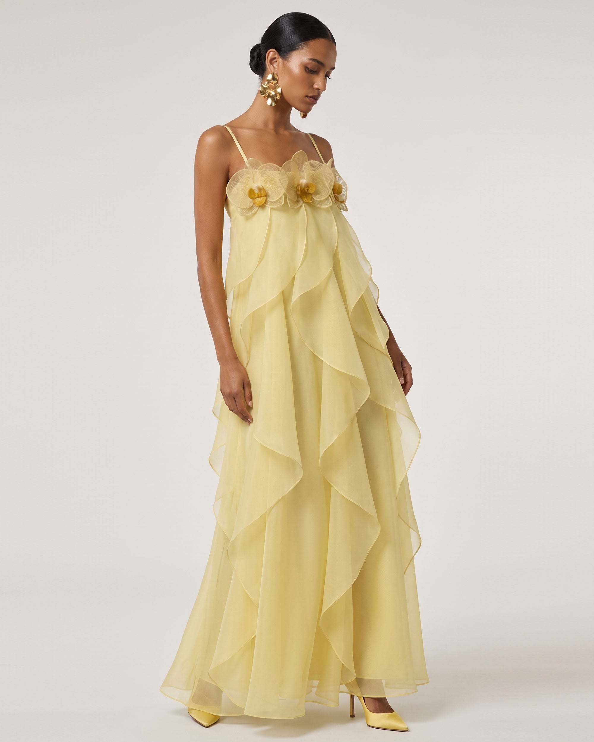 Orchid Embroidered Organza Maxi Dress - Light Yellow