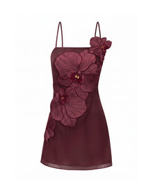 Orchid Appliqué Mini Dress - Burgundy