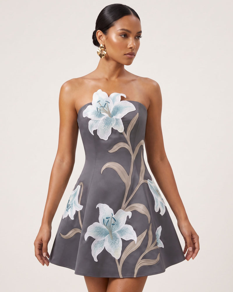 Lily Floral Print Strapless A-Line Mini Dress - Grey