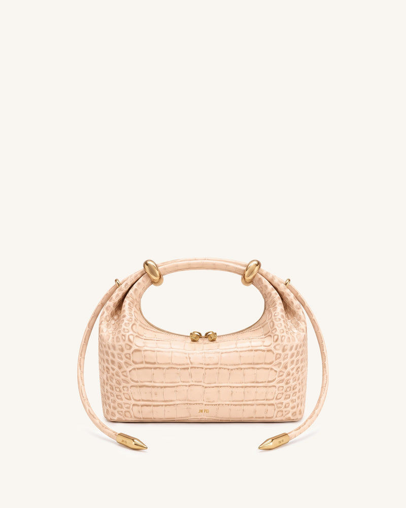 Ellie Metal Ring Embellished Top Handle Bag - Light Apricot Croc