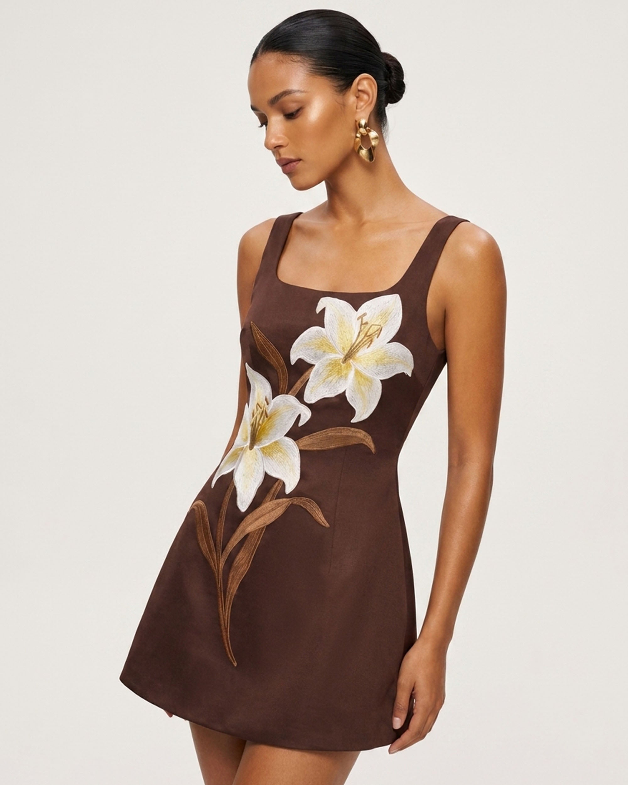 Lily Floral Print Sleeveless A-Line Mini Dress - Dark Brown