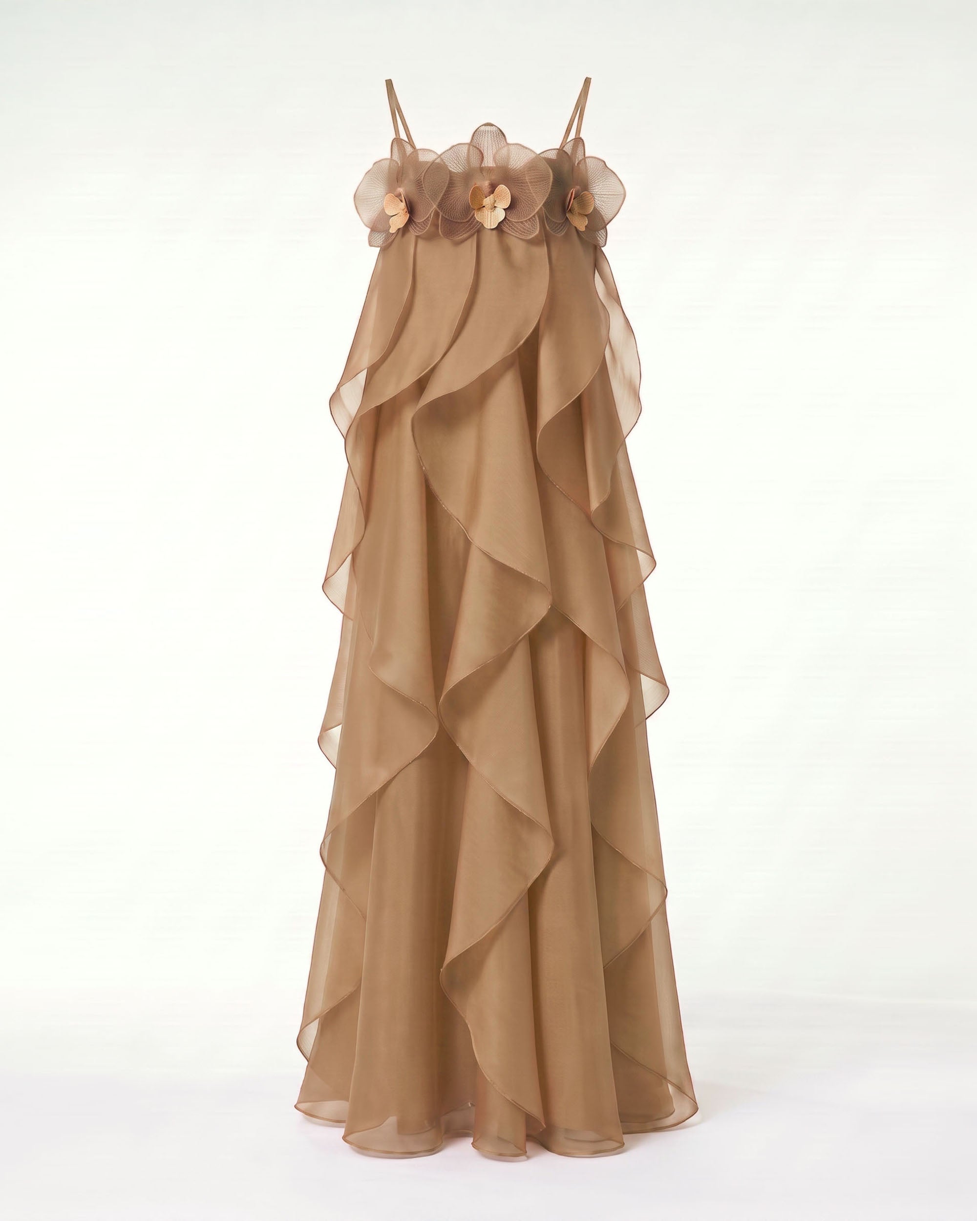 Orchid Embroidered Organza Maxi Dress - Light Brown