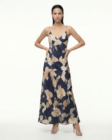 Abstract Floral Spaghetti Strap Maxi Dress - Navy & Beige