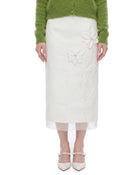 3D Flower Beaded Column Midi Skirt - Off White