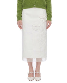 3D Flower Beaded Column Midi Skirt - Off White
