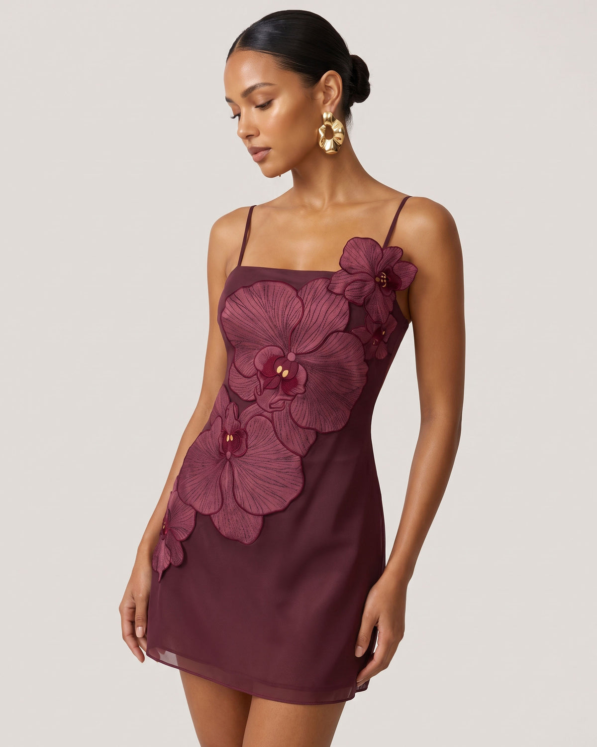 Orchid Appliqué Mini Dress - Burgundy