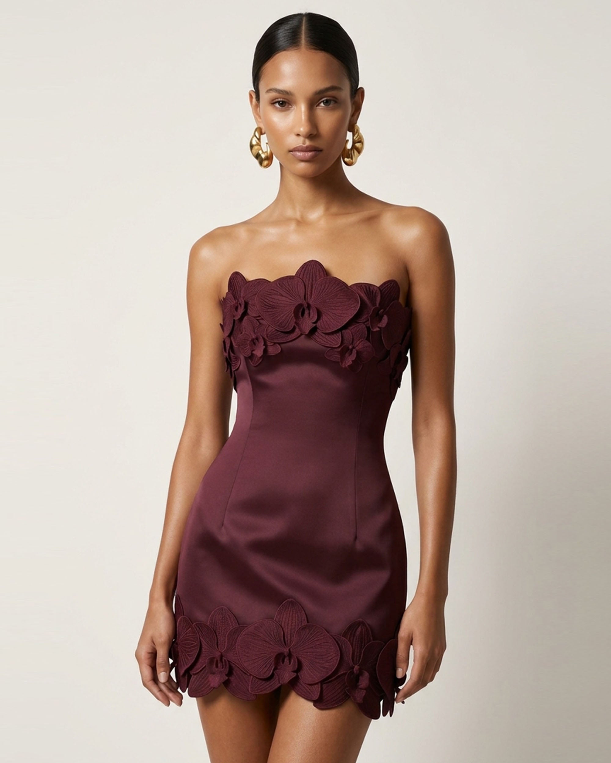 Orchid Trim Strapless Mini Dress - Burgundy