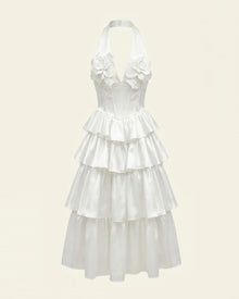 Flower Embroidered Tiered Halter Midi Dress - White