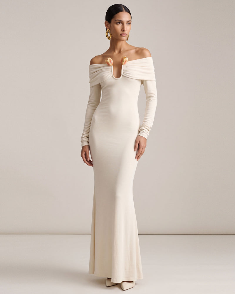 3D Embroidered Tulip Off-The-Shoulder Gown - Cream