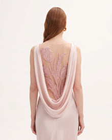 Tulip Appliqué Cowl-Back Satin Column Maxi Dress - Soft Rose