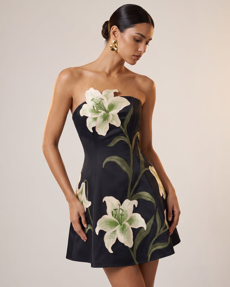 Lily Floral Print Strapless A-Line Mini Dress - Black