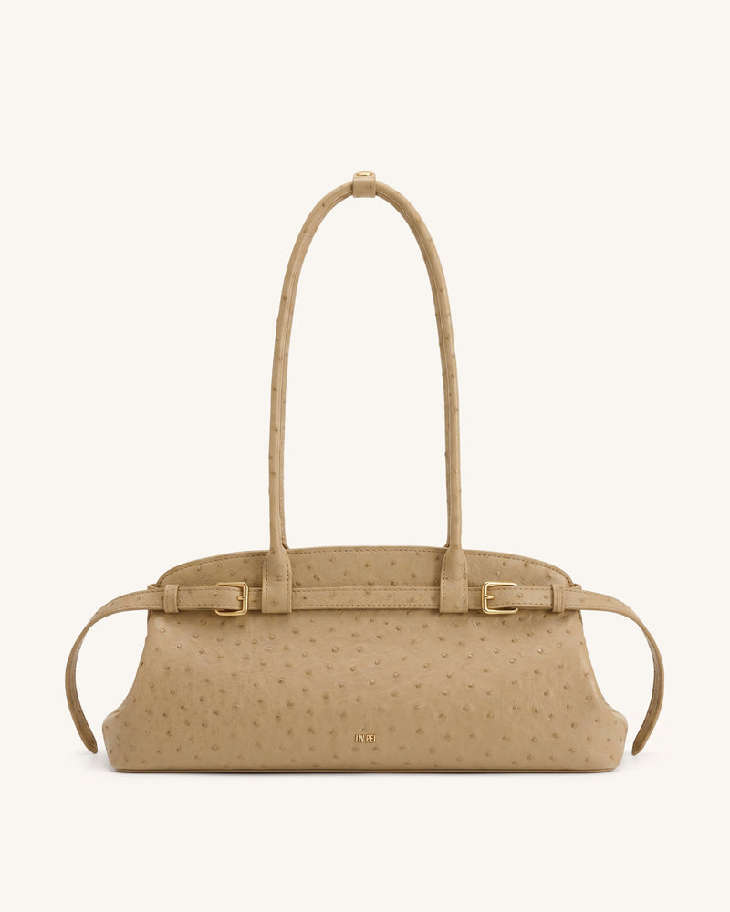 Arden Faux Ostrich Grain Belt Detail East-West Shoulder Bag - Khaki