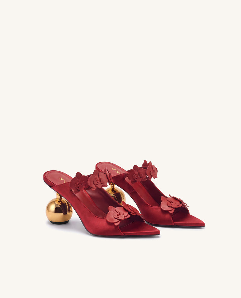 Rosalie Orchid Appliqué Sphere Heel Mules - Red