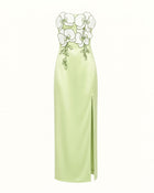 3D Floral Strapless Slit Satin Maxi Dress - Lime Green