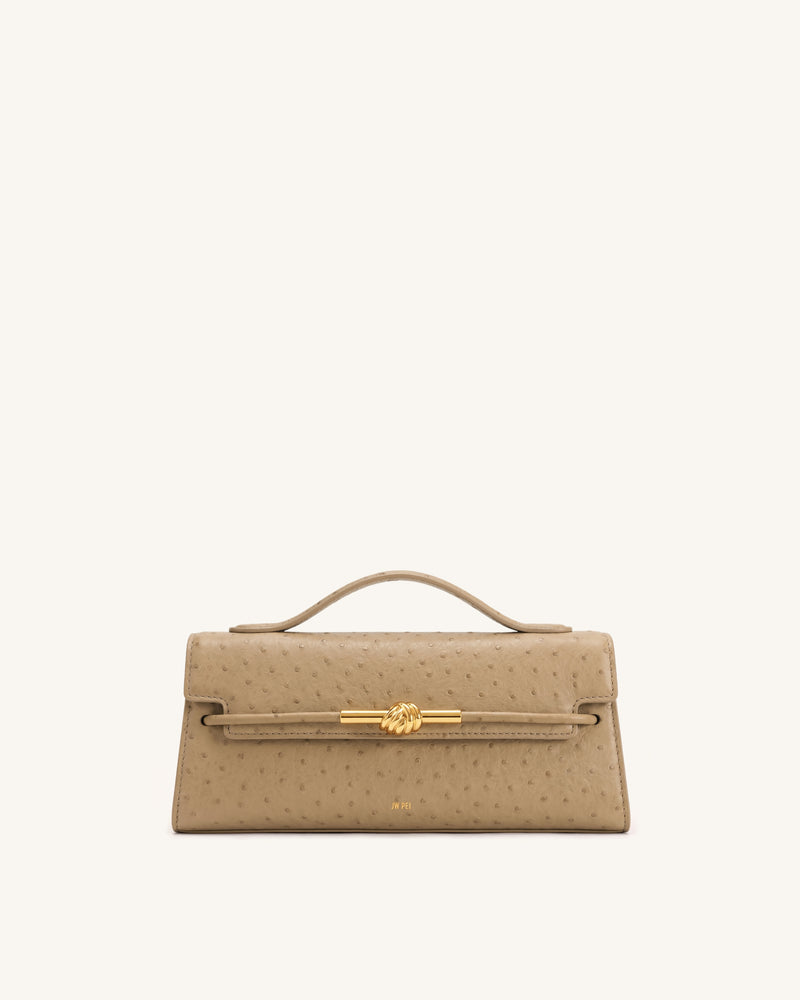 Lena Faux Ostrich Metal Rope Knot Top Handle Bag - Khaki