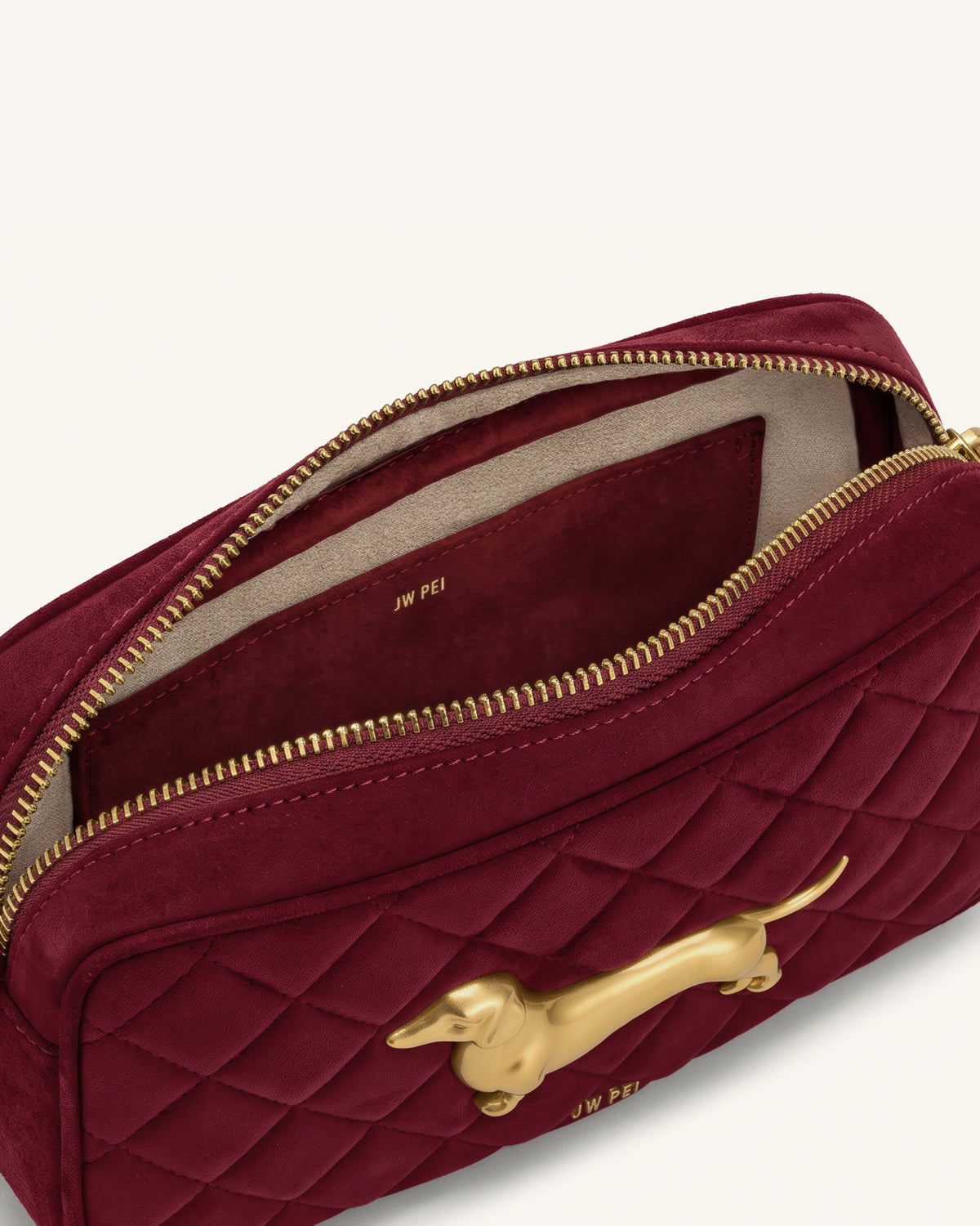 Riley Faux Suede Dachshund Quilted Shoulder Bag - Burgundy