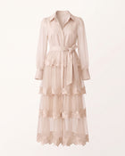 Orchid Embellished Tiered Belted Long-Sleeve Shirt Dress - Pink