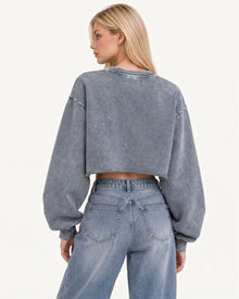 Rhinestone Rose Frayed Hem Cropped Pullover - Vintage Slate