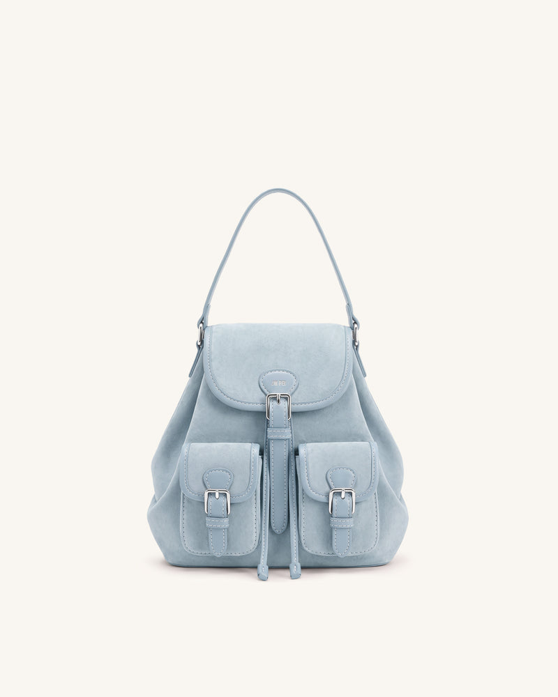 Harper Faux Suede Buckle Pocket Backpack - Light Blue