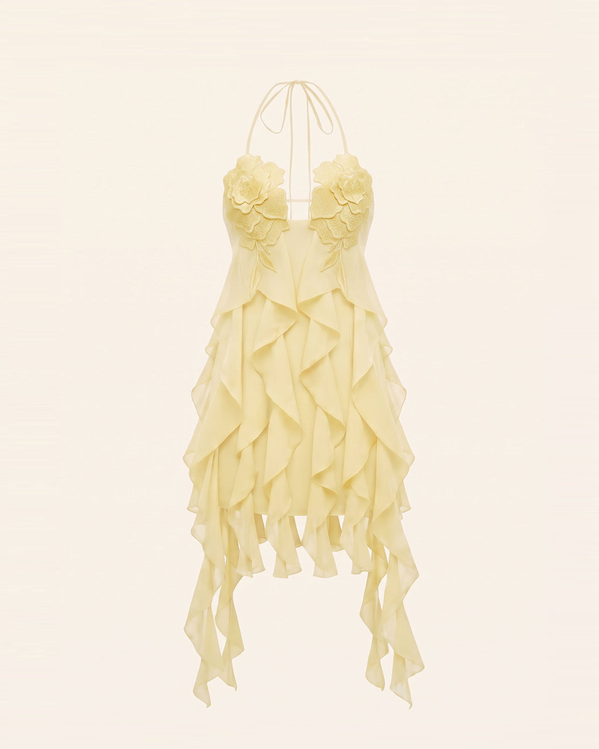 Flower Embroidered Halter Asymmetric Ruffle Mini Dress - Butter Cream