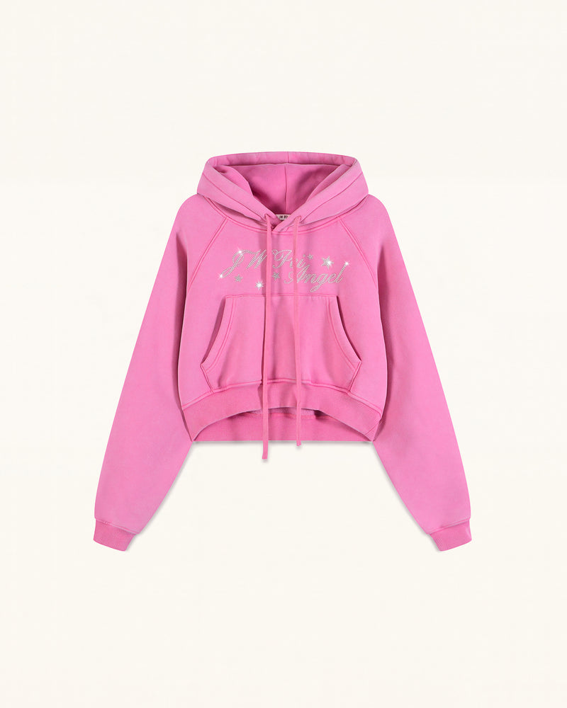 The Darling Crystal Feather Wing Cropped Hoodie - Acid Pink