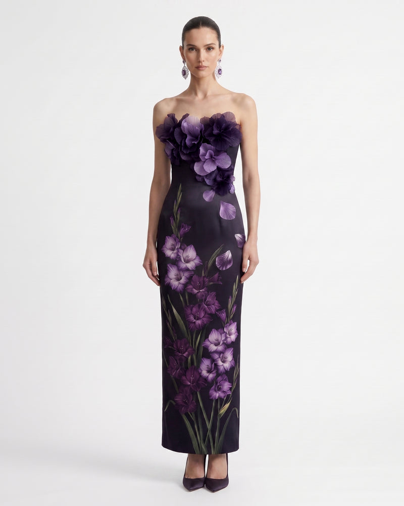 Gladiolus 3D Floral Appliqué Strapless Column Midi Dress - Plum