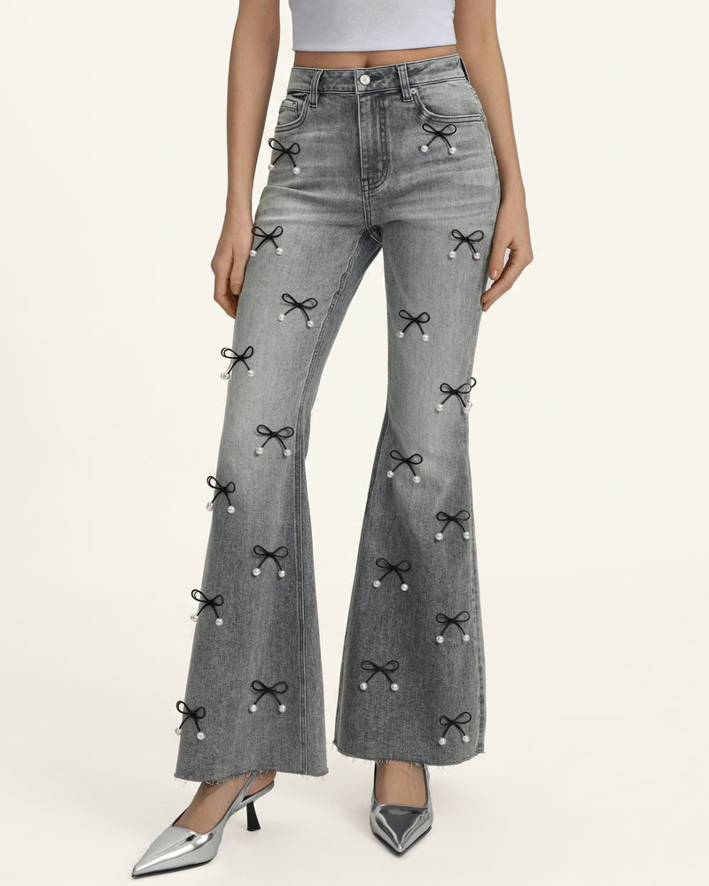 Pearl Accent Bow Boogie Child Fray Jeans - Smoke and Mirrors