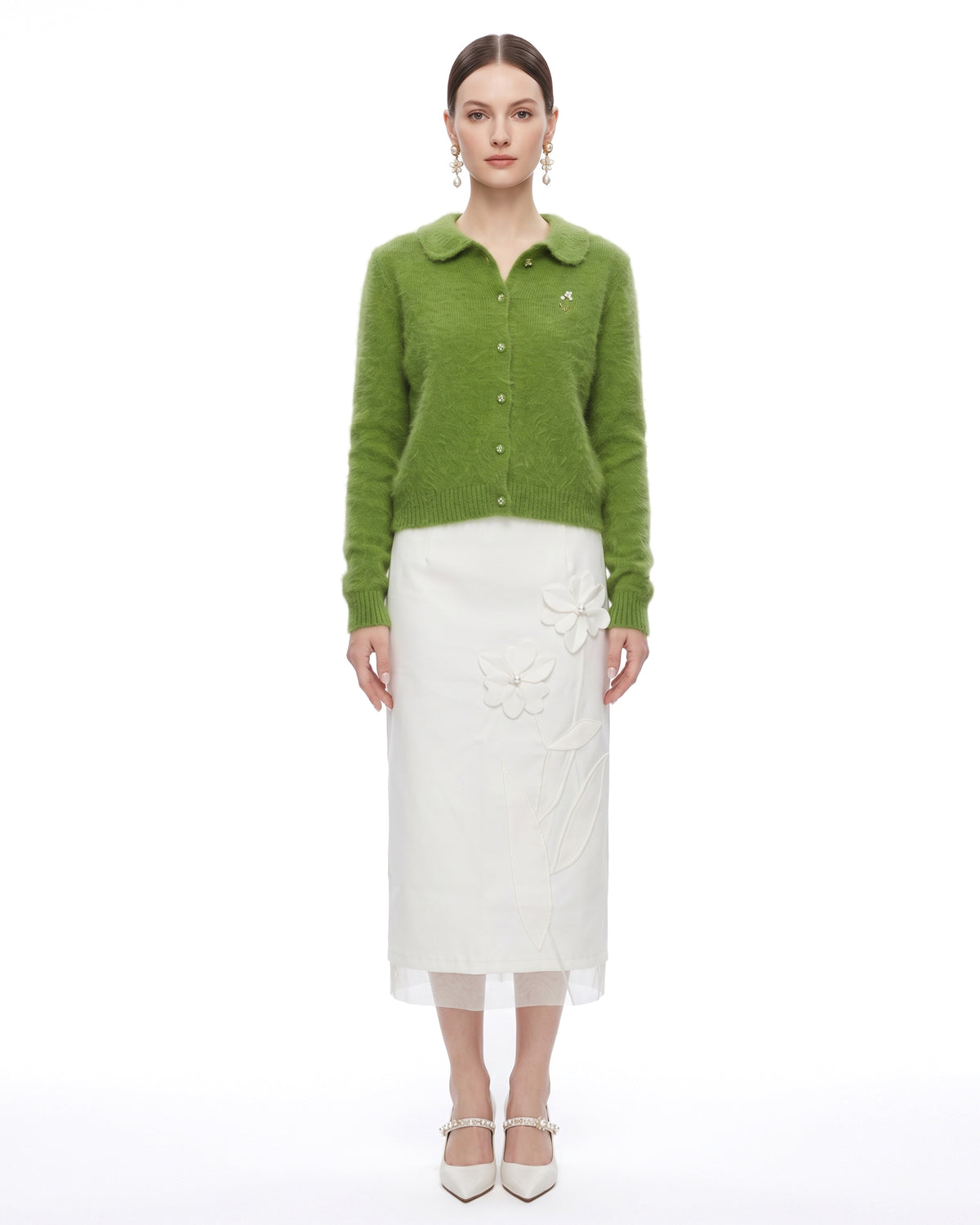 3D Flower Beaded Column Midi Skirt - Off White