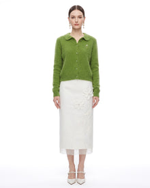 3D Flower Beaded Column Midi Skirt - Off White