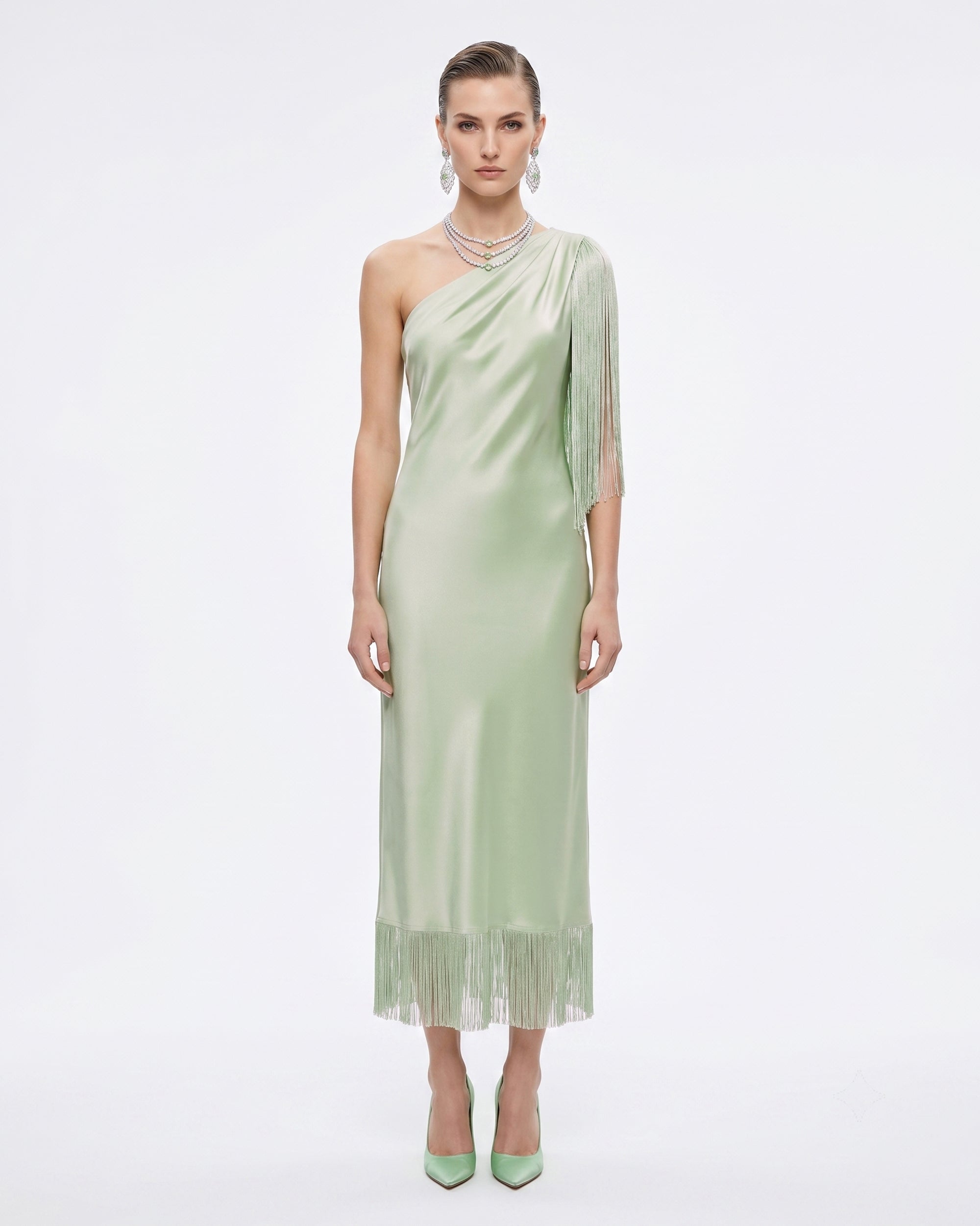 One Shoulder Fringe Midi Dress - Light Green