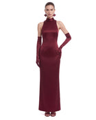Satin Mock-Neck Floral Applique Open-Back Maxi Dress - Burgundy