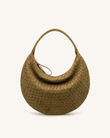 Nola Faux Suede Woven Crescent Shoulder Bag - Olive Green