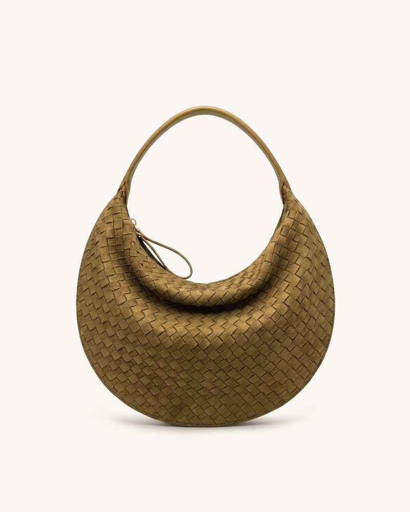 Nola Faux Suede Woven Crescent Shoulder Bag - Olive Green