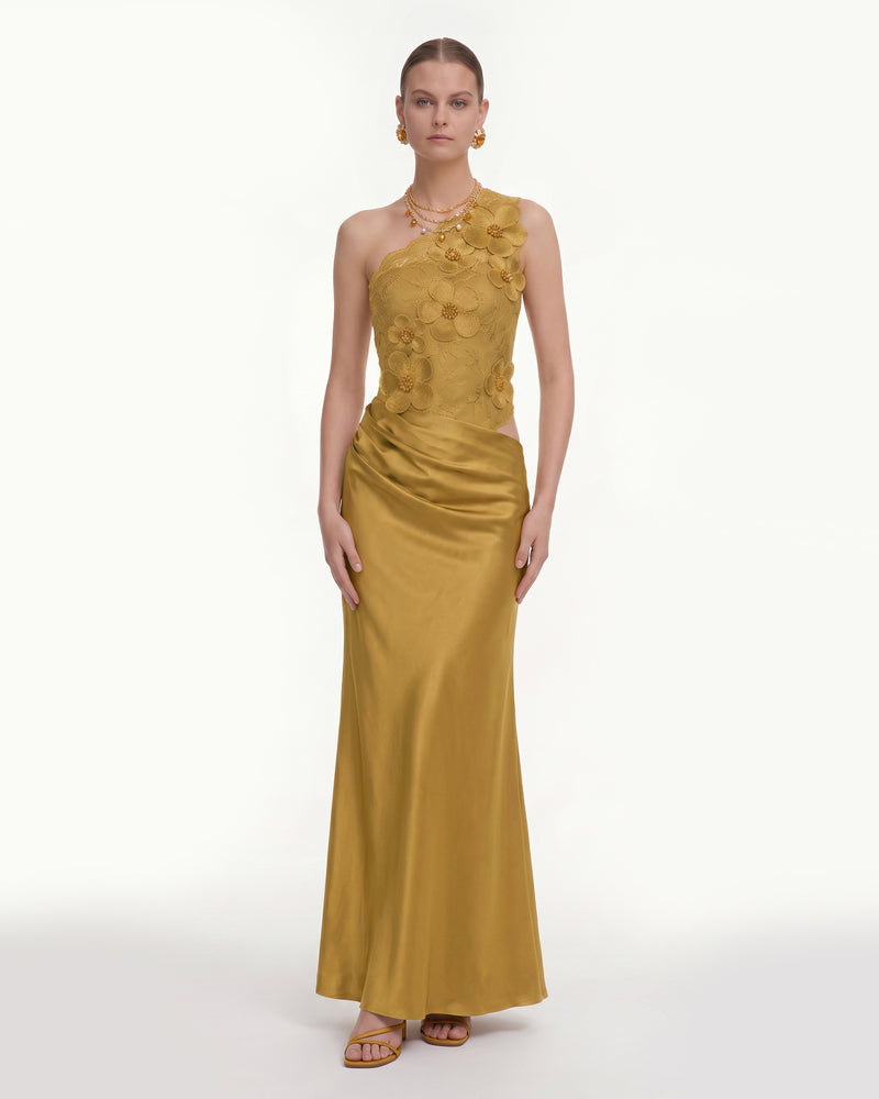 Floral One Shoulder Satin Dress - Mustard Yellow