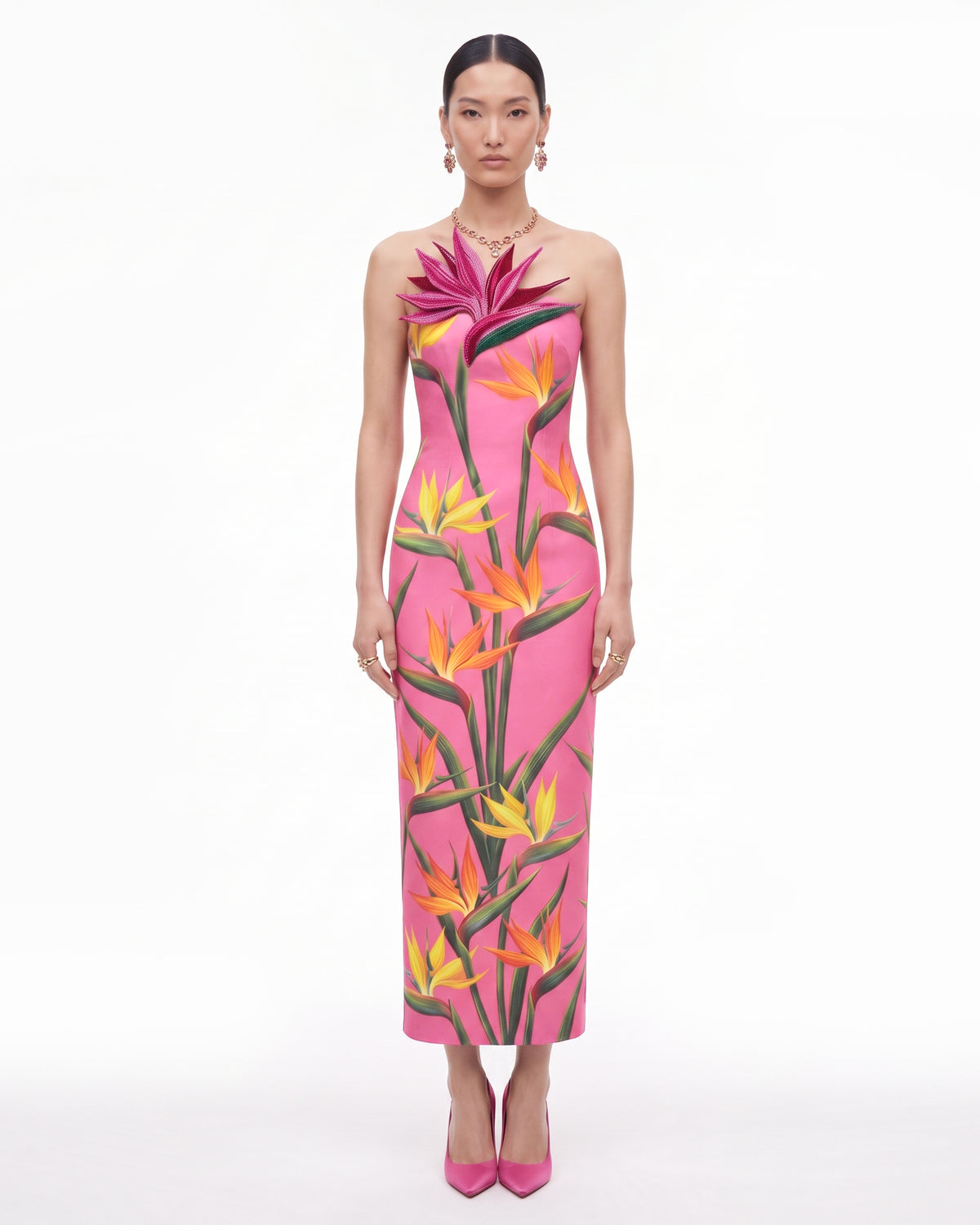 Bird of Paradise Appliqué Strapless Column Midi Dress - Rose Pink