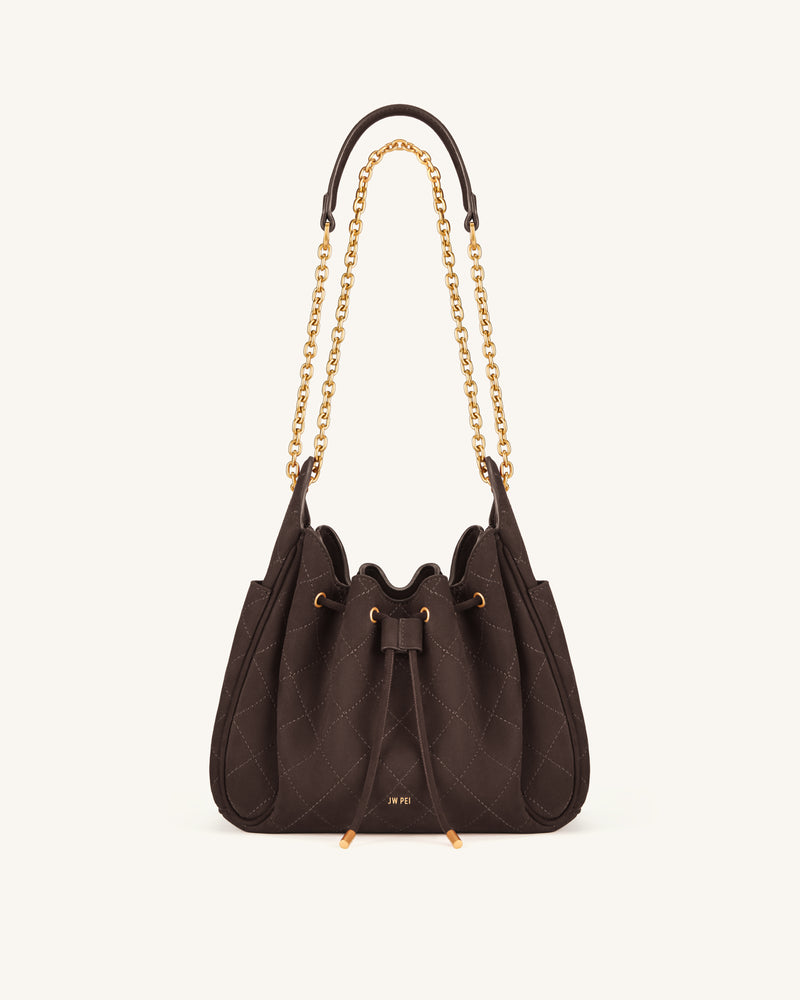 Rowan Faux Suede Quilted Chain Bucket Bag - Dark Brown