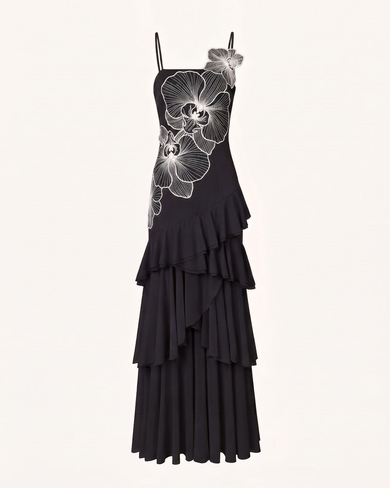 Orchid Embroidered Ruffled One-Shoulder Maxi Dress - Black & White