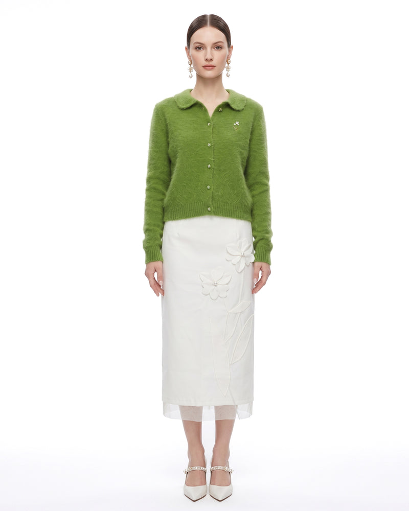 Floral Embroidered Collar Knit Cardigan - Avocado Green
