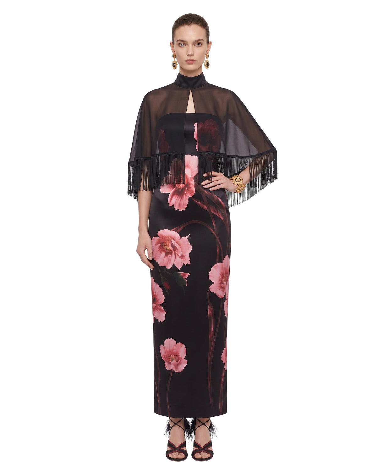Floral Print Fringed Cape Midi Dress - Black & Pink