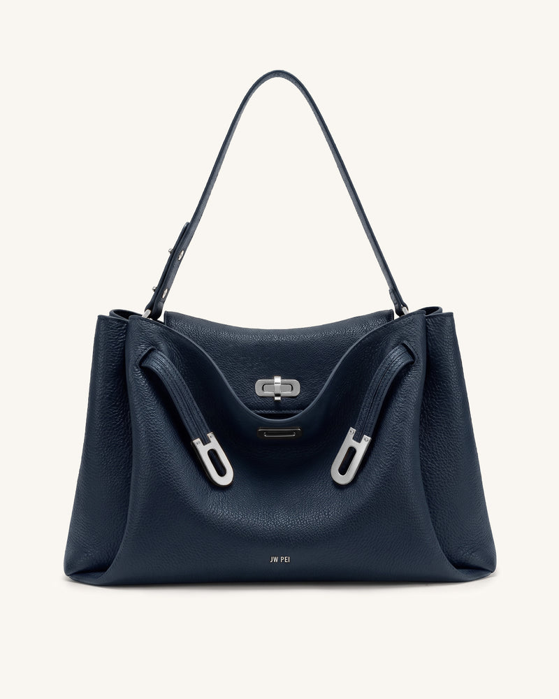 Rhea Large Pebbled Double Buckle Shoulder Bag - Navy Blue