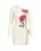 Rose Embroidered One-Shoulder MiniDress - Pure White